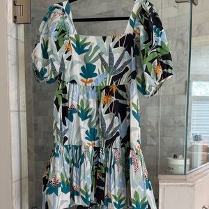 Oliphant Green and Blue Leaf Print Mini Dress